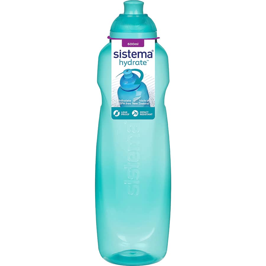 Sistema Hydrate 600ml drink bottle with twist lid and easy-sip spout, available in vibrant assorted colors.