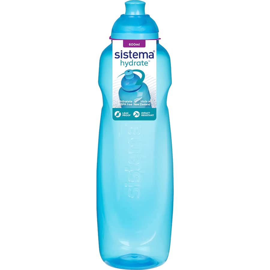 Colorful 600ml Sistema Hydrate Drink Bottle with twist-open lid and easy-sip spout, perfect for active lifestyles.