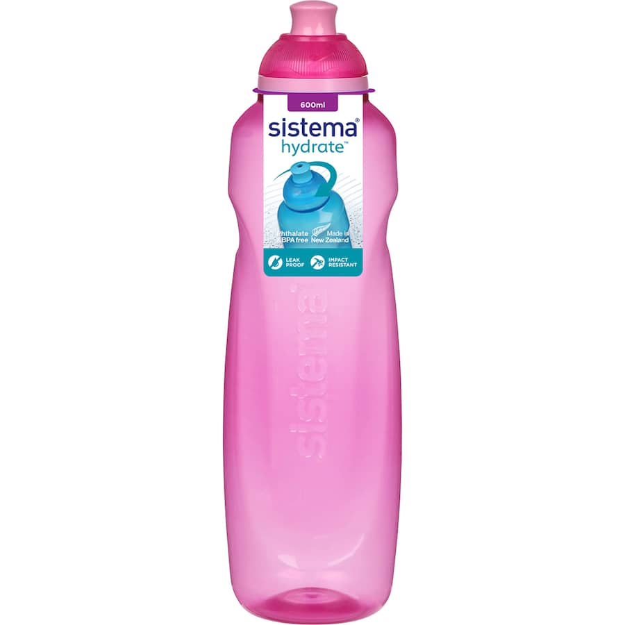 Sistema Hydrate 600ml Drink Bottle in assorted colors with a twist-to-open lid and easy-sip spout for convenient hydration.