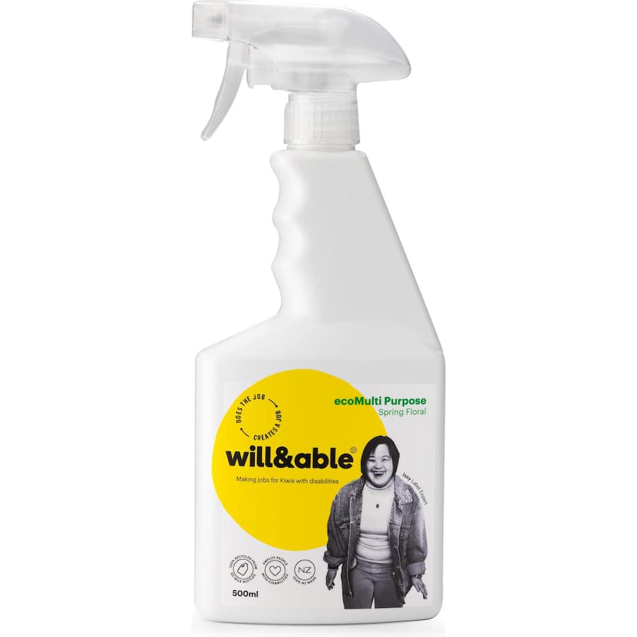 Eco-friendly multi-purpose cleaner in Spring Floral scent, made from recycled materials, promoting jobs for Kiwis with disabilities.