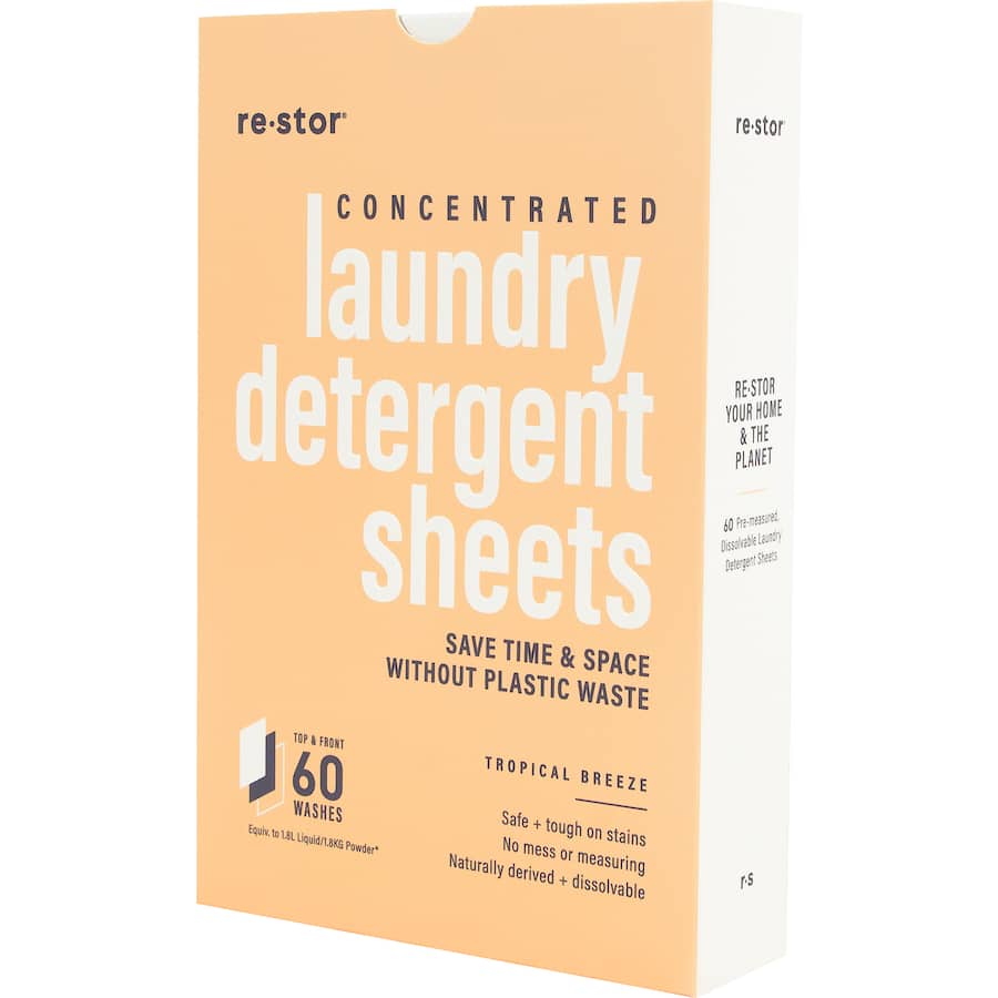 Restor concentrated laundry detergent sheets in Tropical Breeze, eco-friendly, hypoallergenic, for mess-free, effective cleaning.