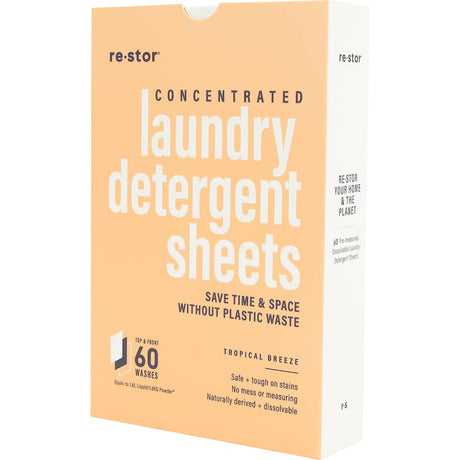 Restor concentrated laundry detergent sheets in Tropical Breeze, eco-friendly, hypoallergenic, for mess-free, effective cleaning.