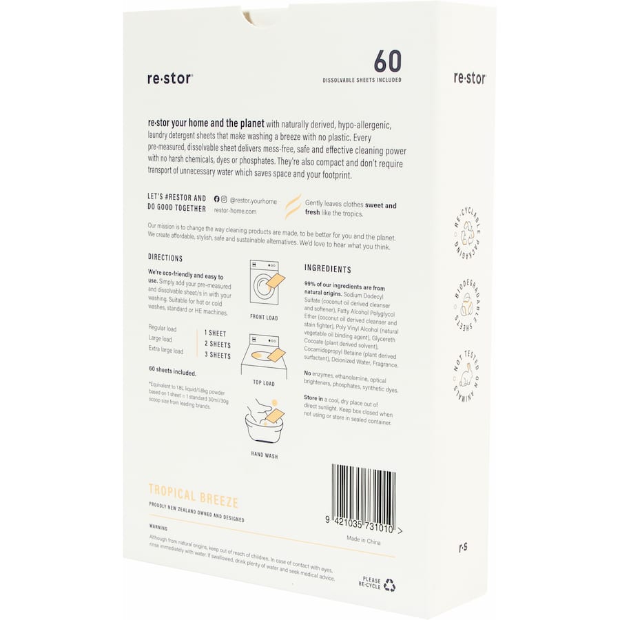 Eco-friendly laundry detergent sheets in Tropical Breeze scent, offering effective, mess-free cleaning with 94% natural ingredients.