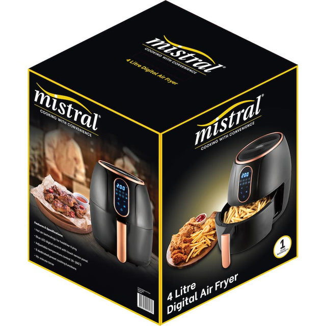 Mistral 4L Air Fryer Digital with blue LED display, 8 cooking presets, and non-stick basket for healthier meals with less oil.