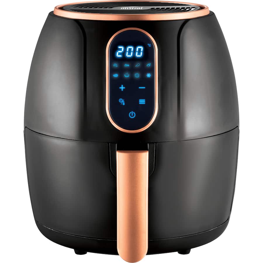 Digital Mistral 4L Air Fryer with touch controls, 8 cooking presets, 90-minute timer, and non-stick, easy-to-clean basket.