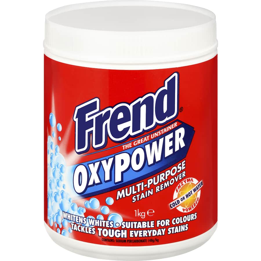 Frend Laundry Soaker Oxy Power Stain Remover Powder for tackling tough stains, safe for colors and whites, effective in any water temperature.