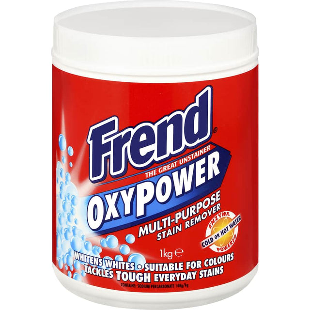 Frend Laundry Soaker Oxy Power Stain Remover Powder for tackling tough stains, safe for colors and whites, effective in any water temperature.