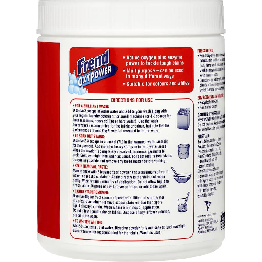 Frend Laundry Soaker Oxy Power Stain Remover Powder, enzyme-rich formula for tough stains, works in cold or hot water.