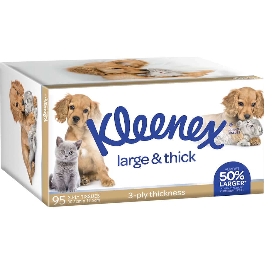 Kleenex Tissues Large N Thick 3-ply, ultra-soft and strong, ideal for comfort during colds and allergies.