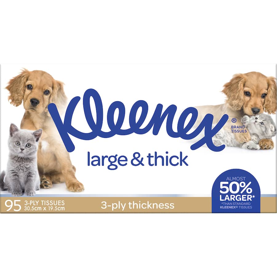 Soft and strong Kleenex Tissues Large N Thick 3-ply for comfort and absorbency during colds and allergies.