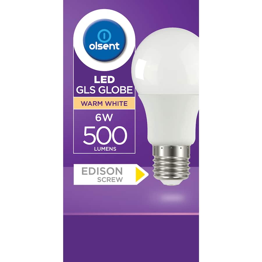 Warm white Olsent LED light bulb, 6W, 500 lumens, energy-efficient, standard screw fitting for easy installation.