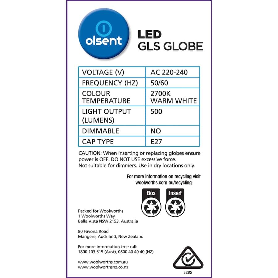 Olsent LED bulb 6W GLS screw with 500 lumens, warm white light, energy-efficient, easy to install for versatile lighting.