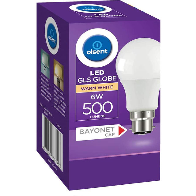 Olsent LED GLS Bayonet bulb, 6W, 500 lumens, warm white light (2700K) for energy-efficient home and office lighting.