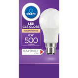 Olsent LED Light Bulb GLs Bayonet 6W, 500 lumens warm white, energy-efficient for home and office lighting.