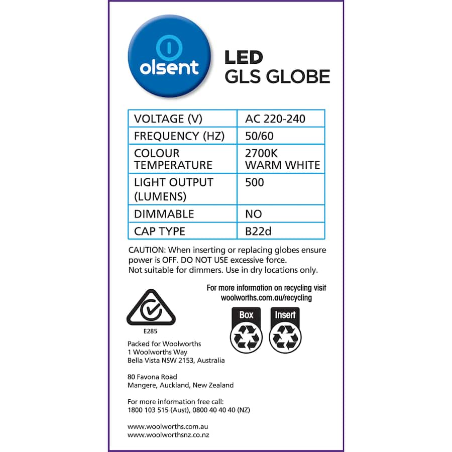 Olsent LED bulb GLS Bayonet 6W, 500 lumens, warm white light, energy-efficient, perfect for home and office use.