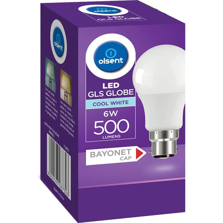 Olsent LED Light Bulb GLS Bayonet 6W, 500 lumens of cool white light, energy-efficient and easy to install.