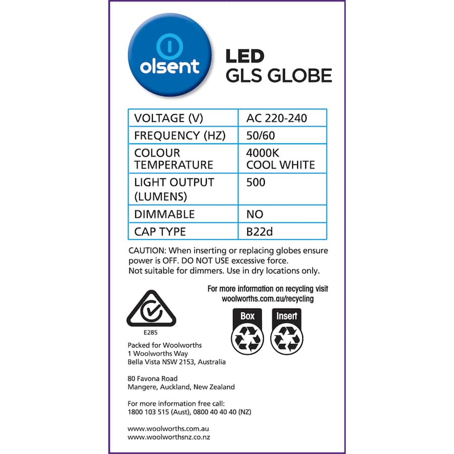 Olsent 6W GLS Bayonet LED bulb, emitting 500 lumens of cool white light (4000K) for energy-efficient, bright illumination.