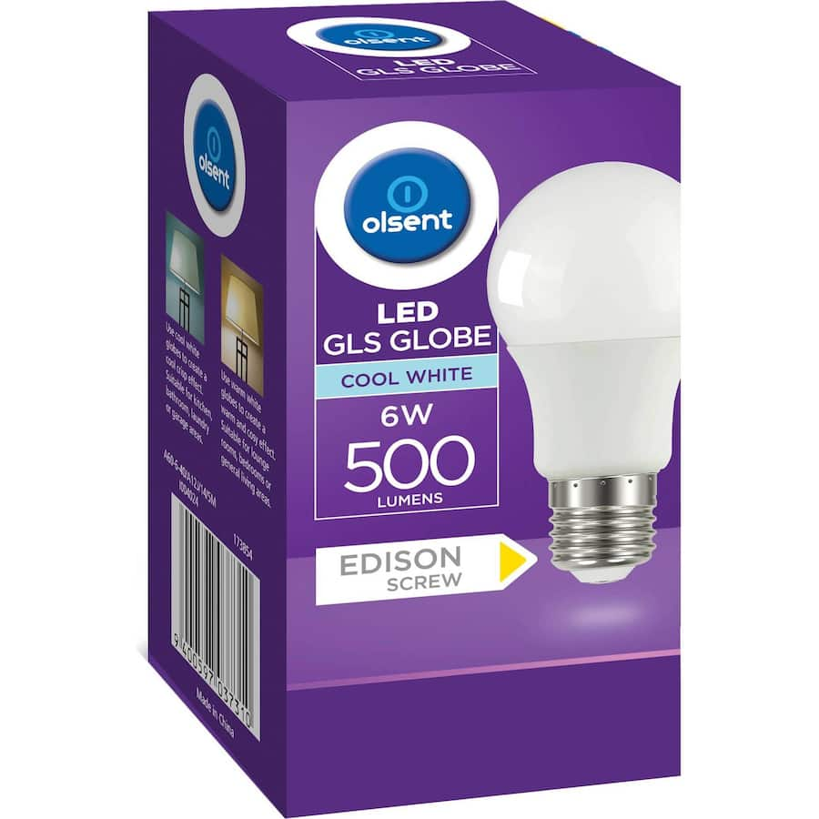 Olsent LED light bulb with GLS screw base, 6W, 500 lumens, 4000K cool white, energy-efficient and suitable for various spaces.