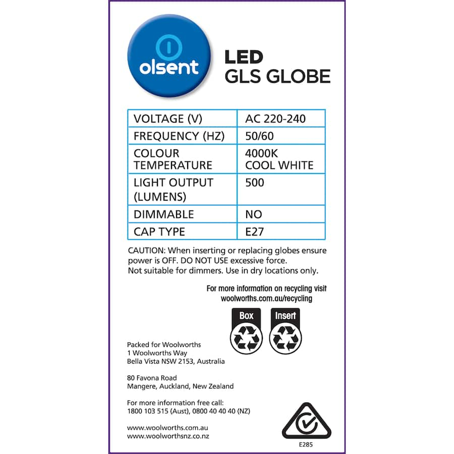 Olsent LED Light Bulb GLS Screw, 6W, 500 lumens, 4000K cool white, energy-efficient, ideal for home and office lighting.