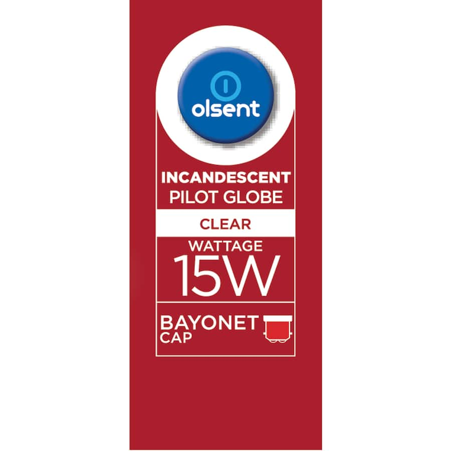 Olsent Pilot Light Bulb T28 Bayonet 15W Clear, energy-efficient with a clear finish for optimal brightness and elegant ambiance.