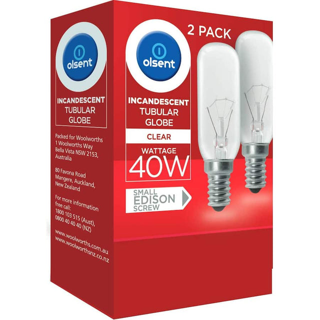 Olsent Pilot Light Bulb, 40W clear tubular screw bulb for bright, elegant lighting in homes and businesses.