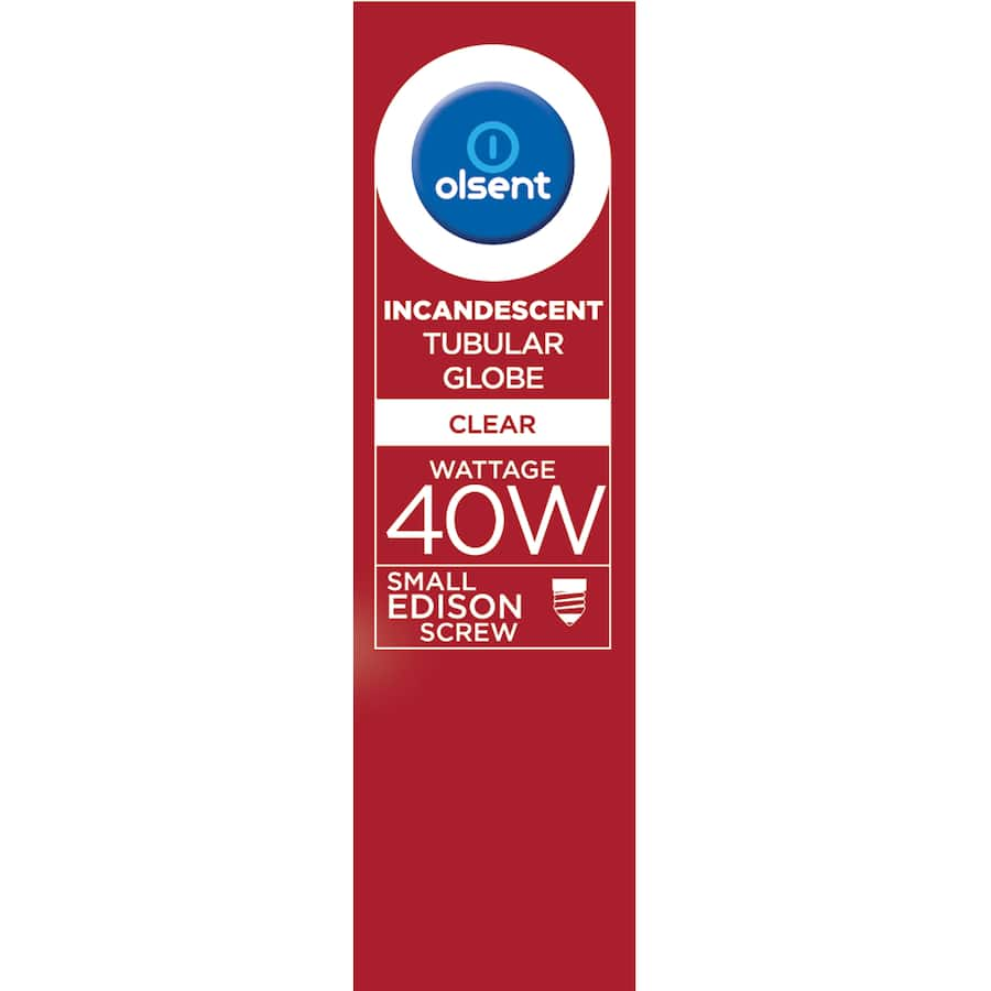 Clear Olsent Pilot Light Bulb, 40W tubular screw design, ideal for brightening spaces with elegant, energy-efficient illumination.