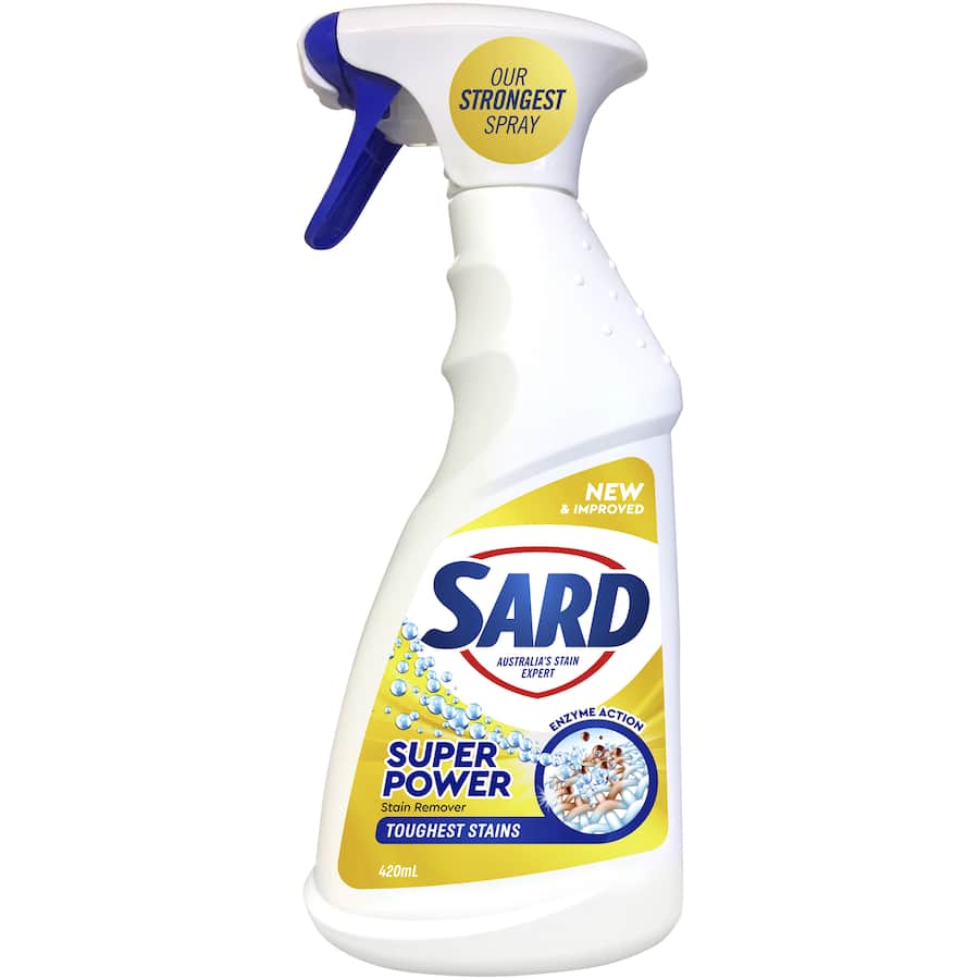 Sard Super Power Stain Remover Spray in a recyclable bottle, tackling tough stains with powerful enzymes for spotless laundry.
