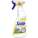 Sard Super Power Stain Remover Spray in a recyclable bottle, tackling tough stains with powerful enzymes for spotless laundry.