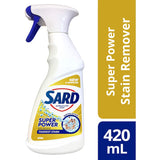 Sard Super Power Stain Remover Spray, effective for tough stains on whites and colorfast fabrics in a recyclable bottle.