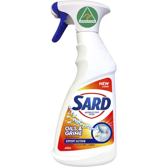 Sard Stain Remover Spray for Oils & Grime in a 420ml recyclable bottle, tackling tough stains on fabrics effectively.