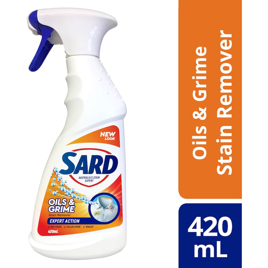 Sard Stain Remover Spray effectively eliminates oils, grime, and tough stains from clothes while being gentle on fabrics.