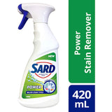 Sard Power Stain Remover Spray effectively tackles tough stains with Oxy, safe for whites and colors, eco-friendly packaging.