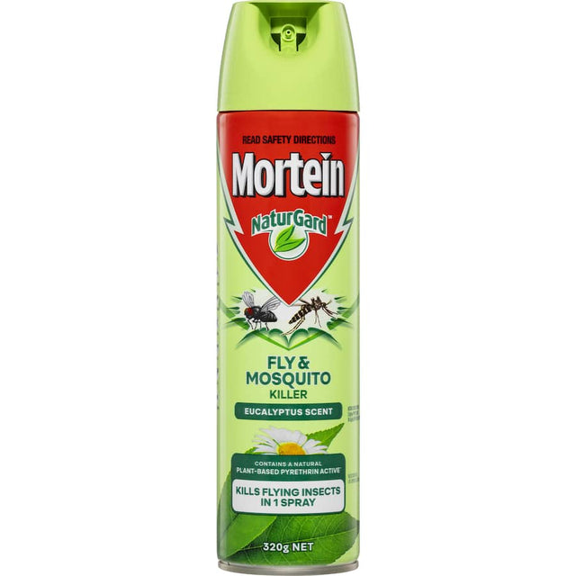 Mortein Naturgard Flying Insect Killer Eucalyptus spray bottle, eco-friendly insect control with natural eucalyptus scent.