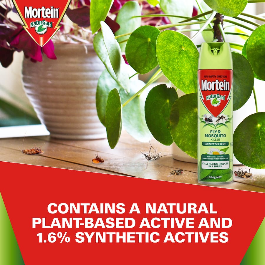 Mortein Naturgard Flying Insect Killer with eucalyptus scent effectively controls flying pests using natural plant-based ingredients.