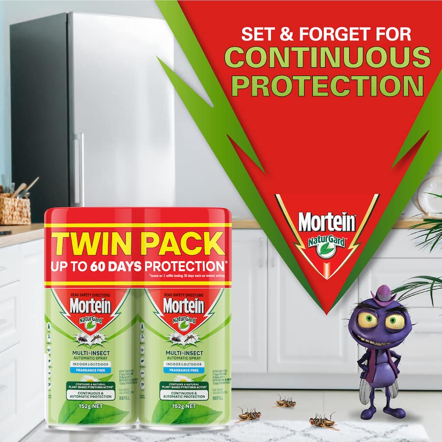 Mortein Naturgard insect control system twin pack refill, fragrance-free, offers automatic pest protection indoors and outdoors.