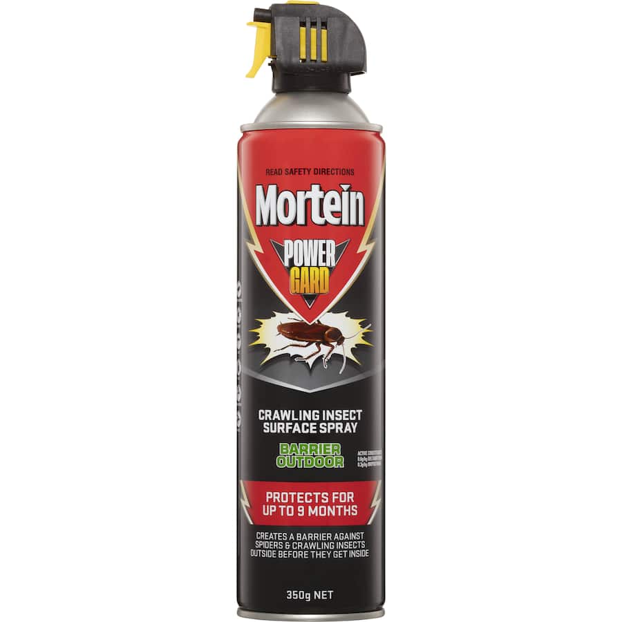 Mortein Powerguard outdoor spray can, designed for 9-month protection against crawling insects like spiders and ants.