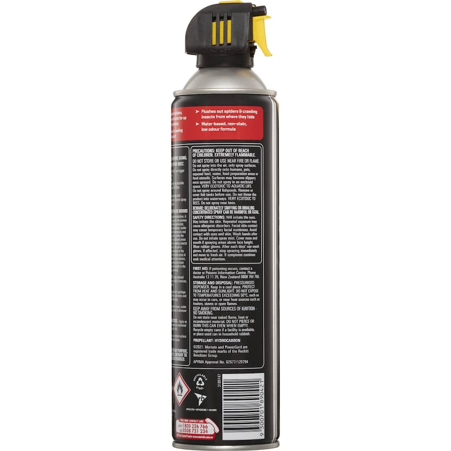 Mortein Powerguard Insect Control spray, 350g can, for effective outdoor pest barrier against crawling insects.