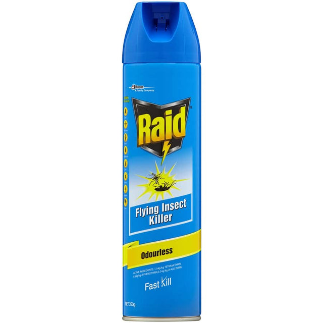 Hypoallergenic Raid Protector spray for fast, odorless kill of flying and crawling insects, safe for families and pets.
