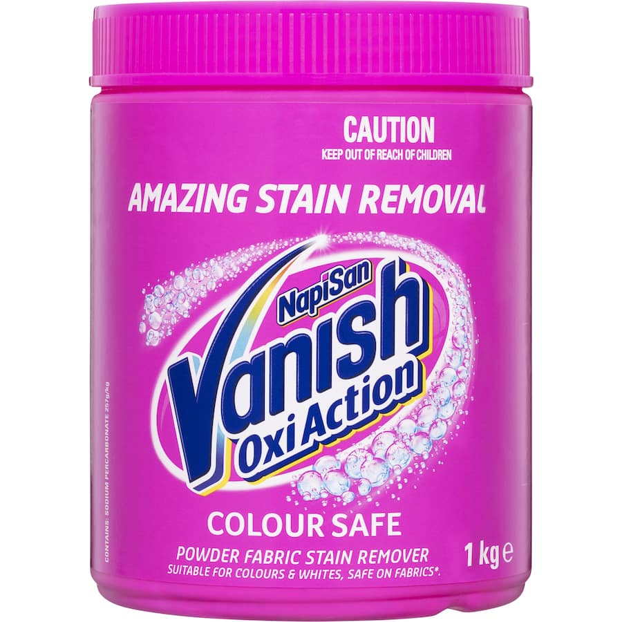 Vanish Napisan Oxi Action Stain Remover powder, effective on tough stains, safe for colors and whites, chlorine bleach-free.
