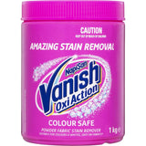 Vanish Napisan Oxi Action Stain Remover powder, effective on tough stains, safe for colors and whites, chlorine bleach-free.