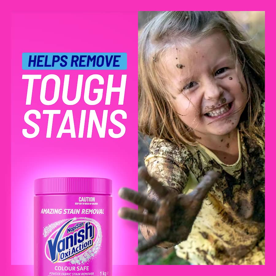 Vanish Napisan Oxi Action Powder: Colour-safe stain remover effective on tough stains, safe for all fabrics, even in cold water.