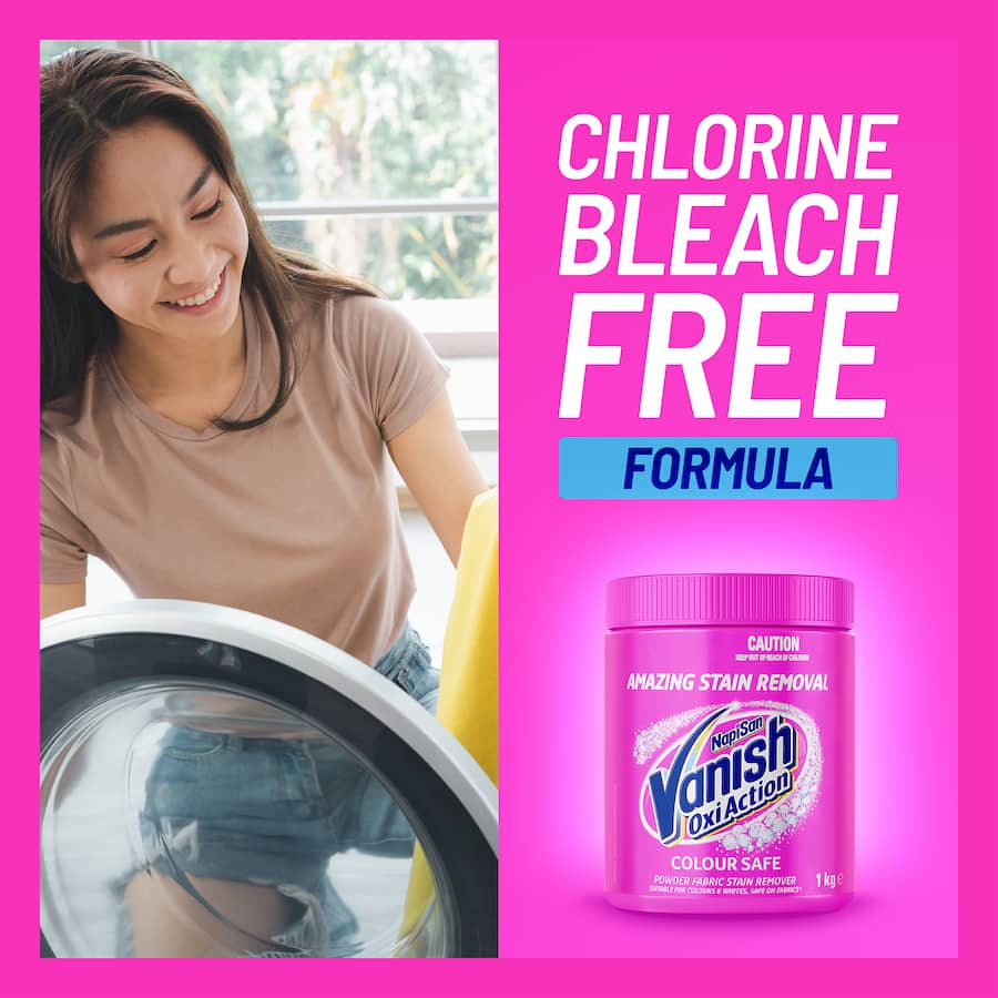 Vanish Napisan Oxi Action powder stain remover for safe, effective stain removal on colors and whites.