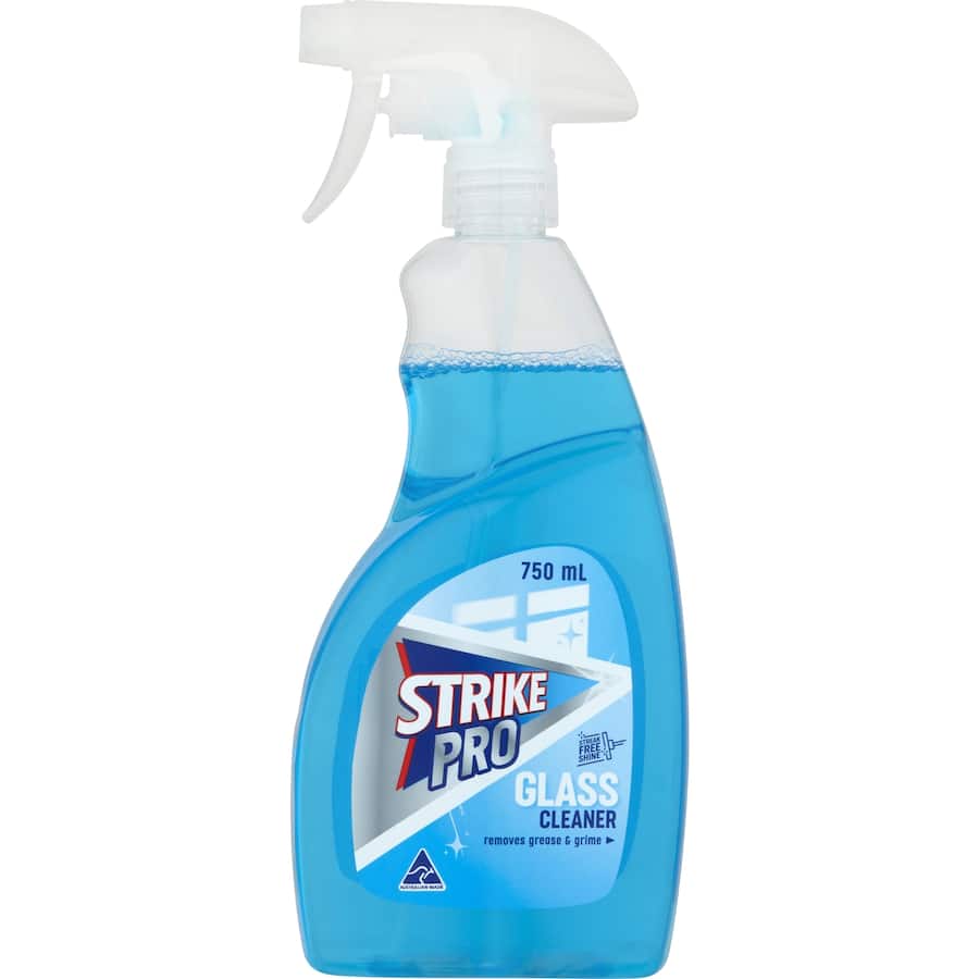Strike Pro Glass Cleaner in a spray bottle, designed for streak-free shine on glass surfaces at home or office.