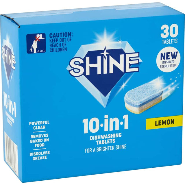 Shine 10 In 1 Dishwasher Tablets Lemon pack powerful cleaning and freshness in one eco-friendly tablet for spotless dishes.