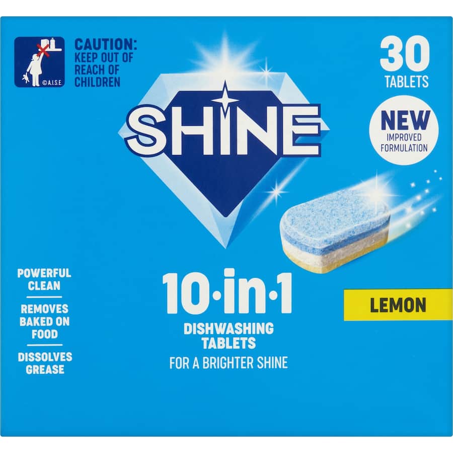 Shine 10 In 1 Dishwasher Tablets Lemon for sparkling clean dishes with lemon scent, tackling grease and stains effortlessly.