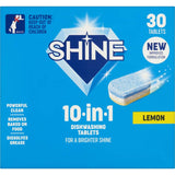 Shine 10 In 1 Dishwasher Tablets Lemon for sparkling clean dishes with lemon scent, tackling grease and stains effortlessly.