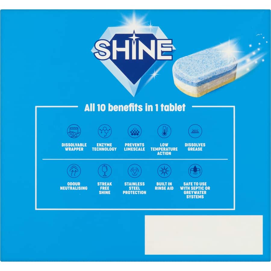 Shine 10 In 1 Dishwasher Tablets Lemon for sparkling clean dishes, infused with a refreshing lemon scent. Eco-friendly formula.