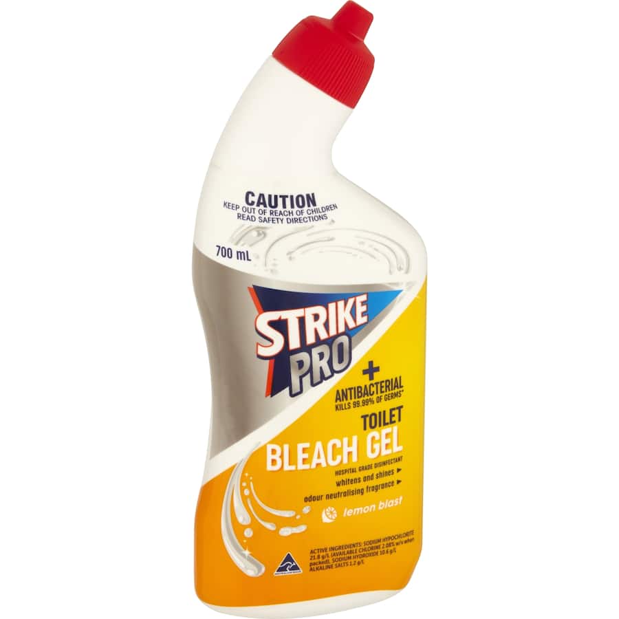 Lemon-scented bleach gel toilet cleaner that eliminates stains, odors, and 99.9% of germs for a hygienic bathroom.