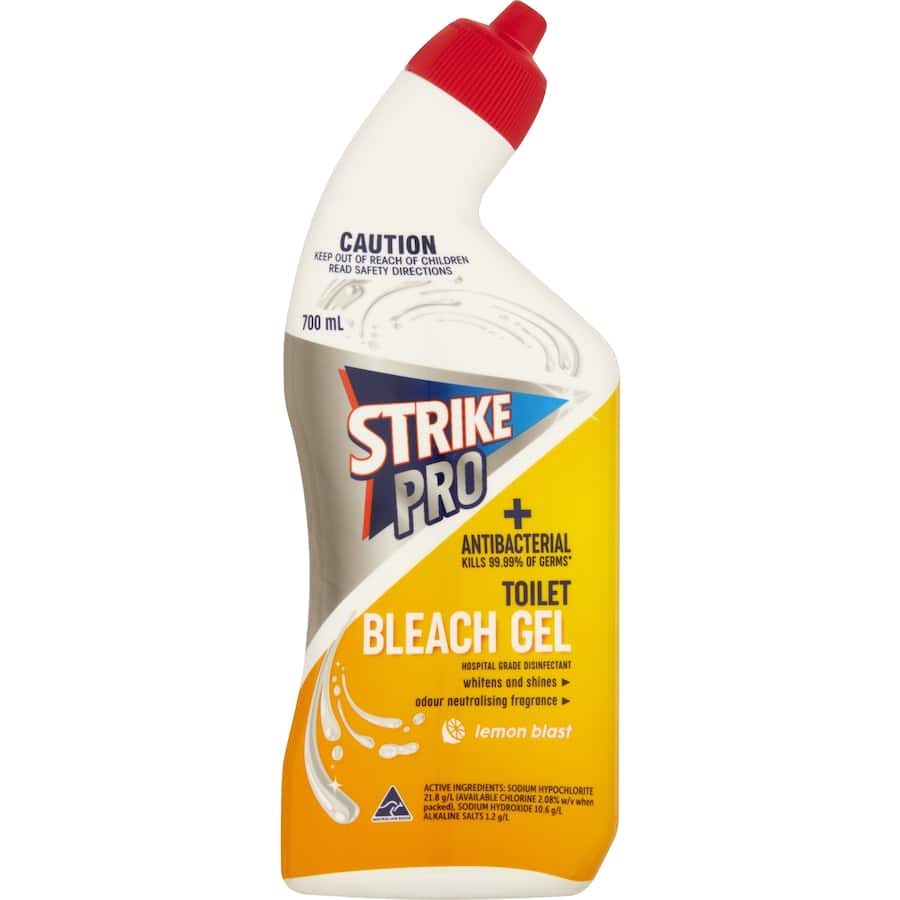 Strike Pro Toilet Cleaner Lemon Bleach Gel bottle, designed for powerful stain removal and germ killing with a refreshing lemon scent.