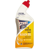 Strike Pro Toilet Cleaner Lemon Bleach Gel bottle, designed for powerful stain removal and germ killing with a refreshing lemon scent.
